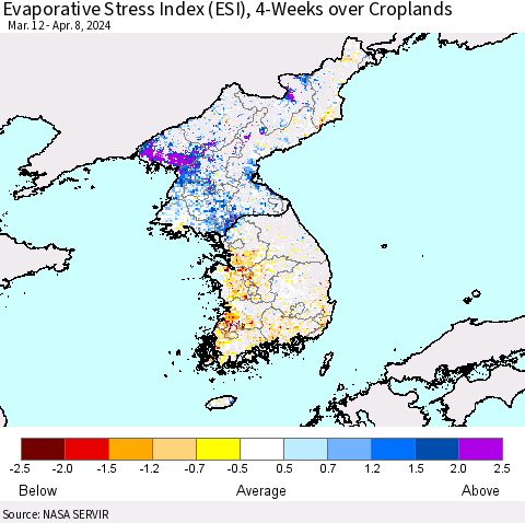 Korea Evaporative Stress Index (ESI), 4-Weeks over Croplands Thematic Map For 4/8/2024 - 4/14/2024