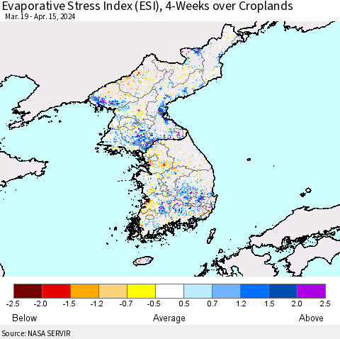 Korea Evaporative Stress Index (ESI), 4-Weeks over Croplands Thematic Map For 4/15/2024 - 4/21/2024