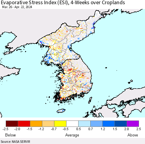 Korea Evaporative Stress Index (ESI), 4-Weeks over Croplands Thematic Map For 4/22/2024 - 4/28/2024