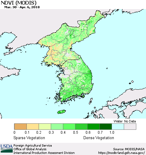 Korea NDVI (Terra-MODIS) Thematic Map For 4/1/2018 - 4/10/2018