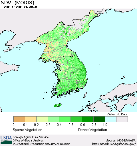 Korea NDVI (Terra-MODIS) Thematic Map For 4/11/2018 - 4/20/2018