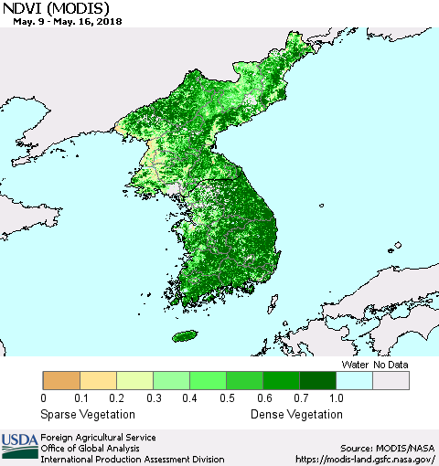 Korea NDVI (Terra-MODIS) Thematic Map For 5/11/2018 - 5/20/2018