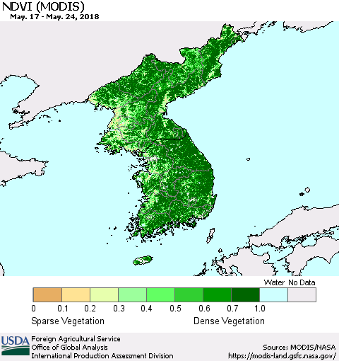 Korea NDVI (Terra-MODIS) Thematic Map For 5/21/2018 - 5/31/2018