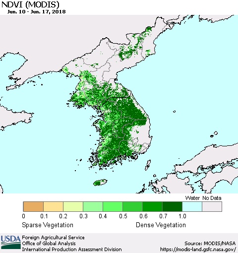 Korea NDVI (Terra-MODIS) Thematic Map For 6/11/2018 - 6/20/2018