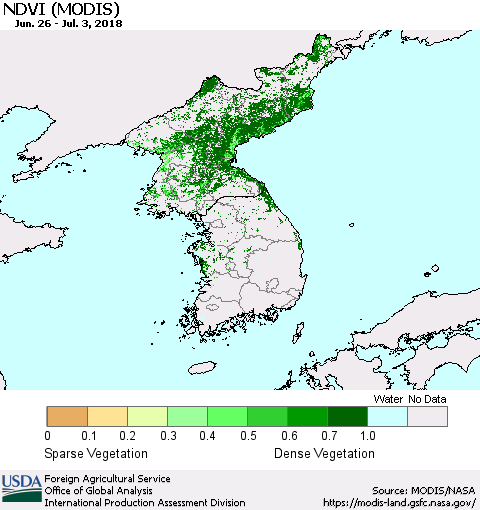 Korea NDVI (Terra-MODIS) Thematic Map For 7/1/2018 - 7/10/2018