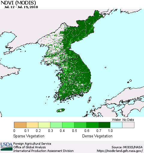 Korea NDVI (Terra-MODIS) Thematic Map For 7/11/2018 - 7/20/2018