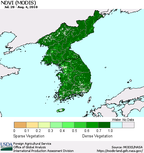 Korea NDVI (Terra-MODIS) Thematic Map For 8/1/2018 - 8/10/2018