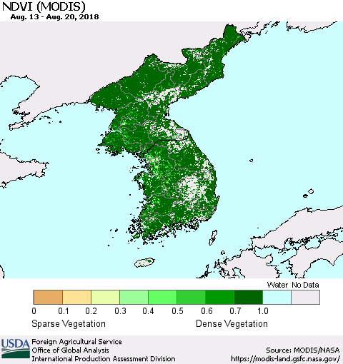 Korea NDVI (Terra-MODIS) Thematic Map For 8/11/2018 - 8/20/2018