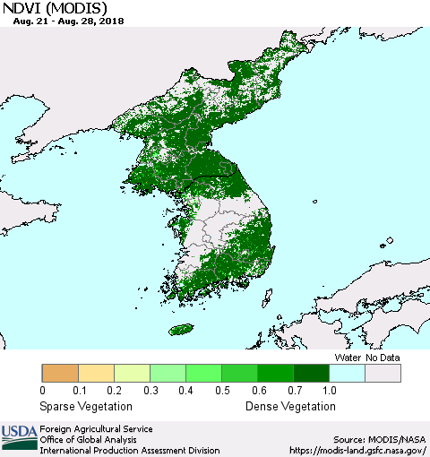 Korea NDVI (Terra-MODIS) Thematic Map For 8/21/2018 - 8/31/2018
