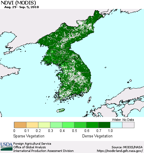 Korea NDVI (Terra-MODIS) Thematic Map For 9/1/2018 - 9/10/2018