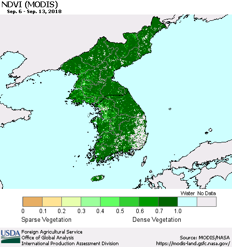 Korea NDVI (Terra-MODIS) Thematic Map For 9/11/2018 - 9/20/2018