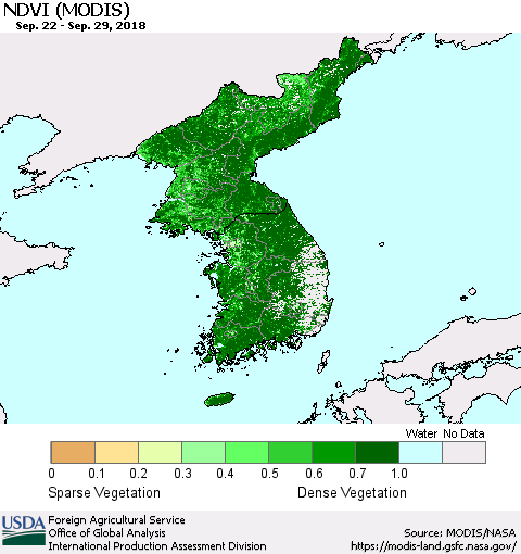 Korea NDVI (Terra-MODIS) Thematic Map For 9/21/2018 - 9/30/2018