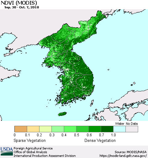 Korea NDVI (Terra-MODIS) Thematic Map For 10/1/2018 - 10/10/2018