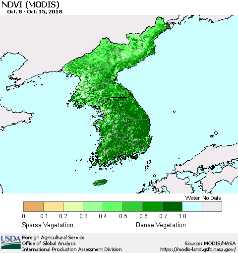 Korea NDVI (Terra-MODIS) Thematic Map For 10/11/2018 - 10/20/2018