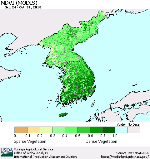 Korea NDVI (Terra-MODIS) Thematic Map For 10/21/2018 - 10/31/2018