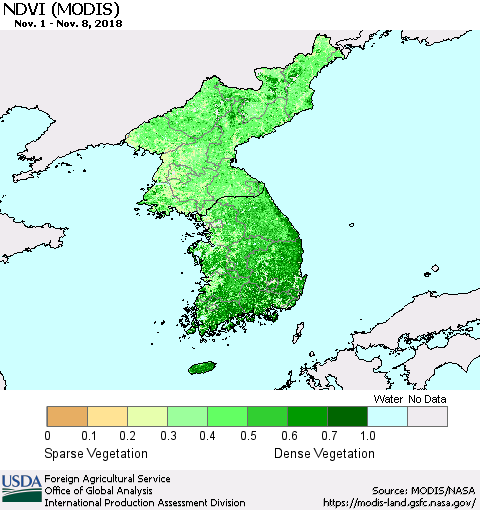 Korea NDVI (Terra-MODIS) Thematic Map For 11/1/2018 - 11/10/2018