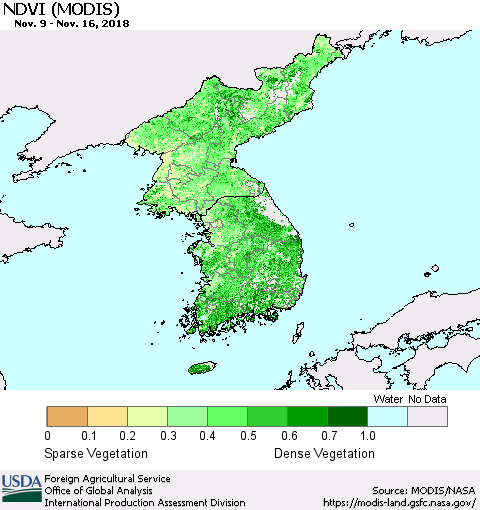 Korea NDVI (Terra-MODIS) Thematic Map For 11/11/2018 - 11/20/2018