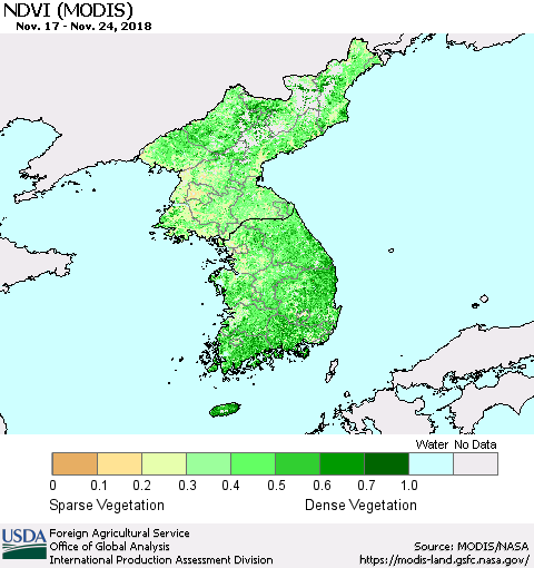 Korea NDVI (Terra-MODIS) Thematic Map For 11/21/2018 - 11/30/2018