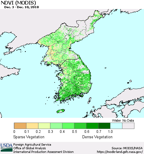 Korea NDVI (Terra-MODIS) Thematic Map For 12/1/2018 - 12/10/2018