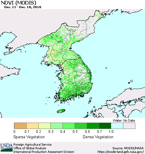 Korea NDVI (Terra-MODIS) Thematic Map For 12/11/2018 - 12/20/2018