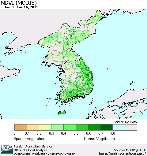 Korea NDVI (Terra-MODIS) Thematic Map For 1/11/2019 - 1/20/2019