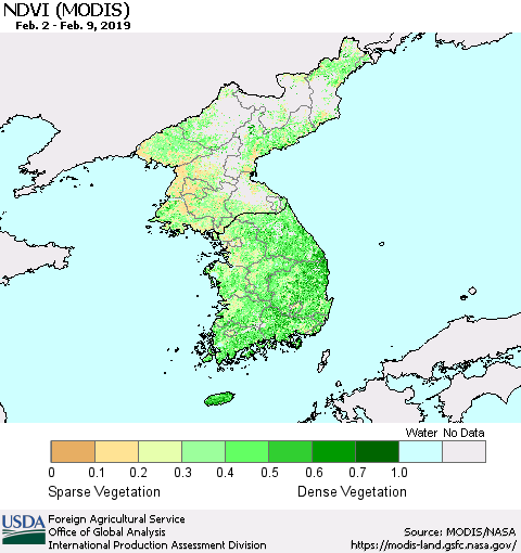 Korea NDVI (Terra-MODIS) Thematic Map For 2/1/2019 - 2/10/2019