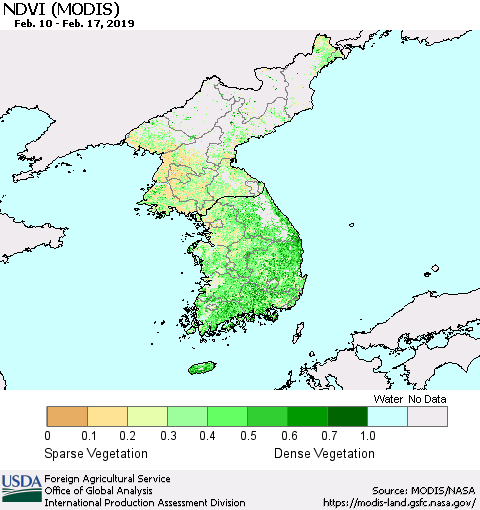 Korea NDVI (Terra-MODIS) Thematic Map For 2/11/2019 - 2/20/2019