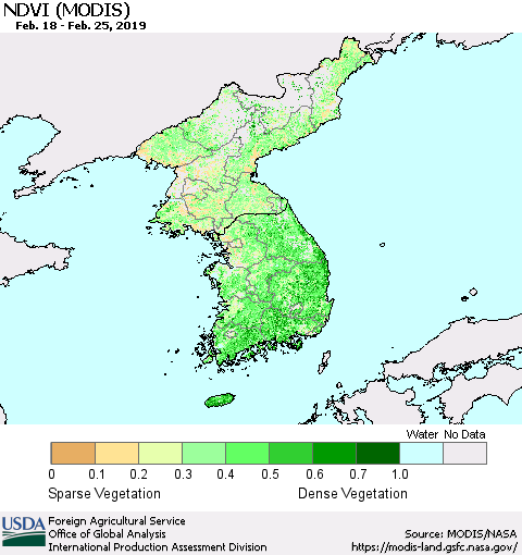 Korea NDVI (Terra-MODIS) Thematic Map For 2/21/2019 - 2/28/2019