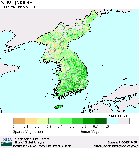 Korea NDVI (Terra-MODIS) Thematic Map For 3/1/2019 - 3/10/2019