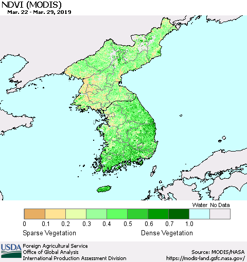 Korea NDVI (Terra-MODIS) Thematic Map For 3/21/2019 - 3/31/2019