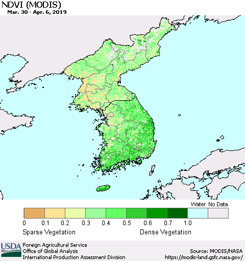 Korea NDVI (Terra-MODIS) Thematic Map For 4/1/2019 - 4/10/2019