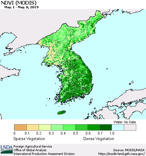 Korea NDVI (Terra-MODIS) Thematic Map For 5/1/2019 - 5/10/2019