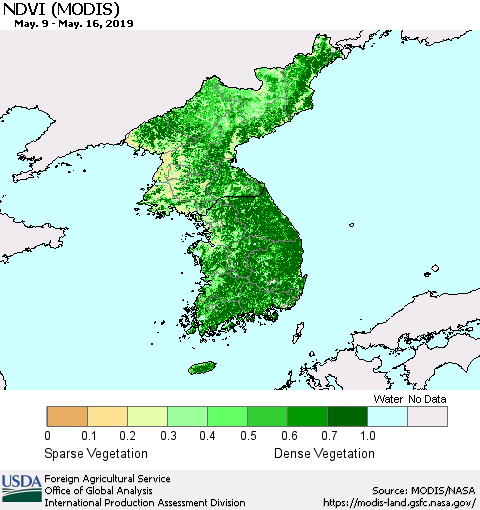 Korea NDVI (Terra-MODIS) Thematic Map For 5/11/2019 - 5/20/2019