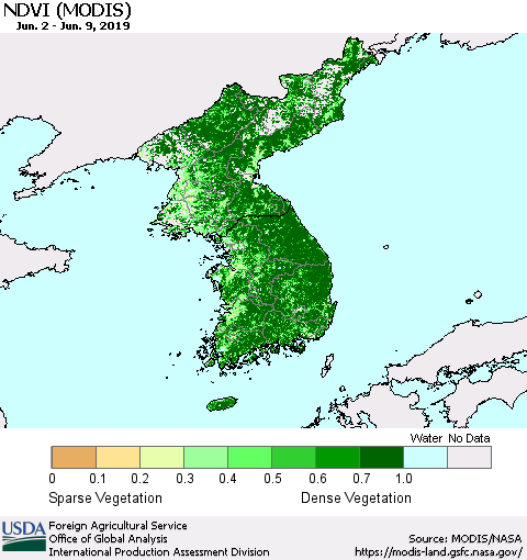Korea NDVI (Terra-MODIS) Thematic Map For 6/1/2019 - 6/10/2019