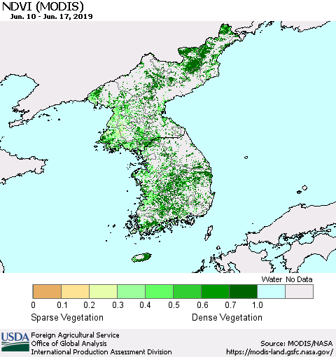 Korea NDVI (Terra-MODIS) Thematic Map For 6/11/2019 - 6/20/2019