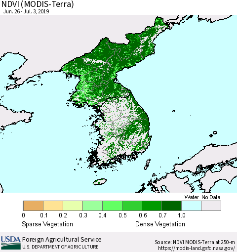Korea NDVI (Terra-MODIS) Thematic Map For 7/1/2019 - 7/10/2019