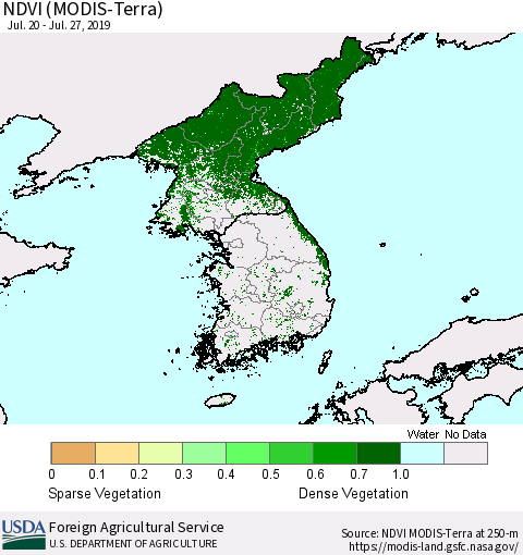 Korea NDVI (Terra-MODIS) Thematic Map For 7/21/2019 - 7/31/2019