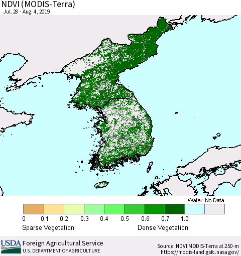 Korea NDVI (Terra-MODIS) Thematic Map For 8/1/2019 - 8/10/2019