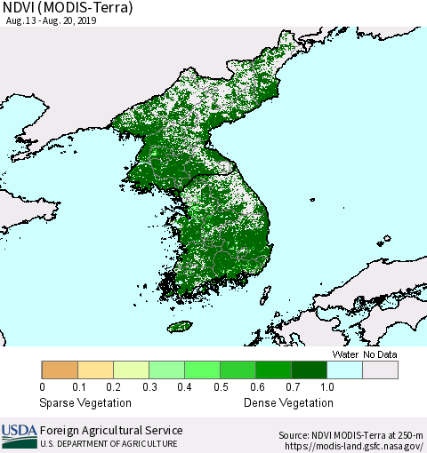 Korea NDVI (Terra-MODIS) Thematic Map For 8/11/2019 - 8/20/2019