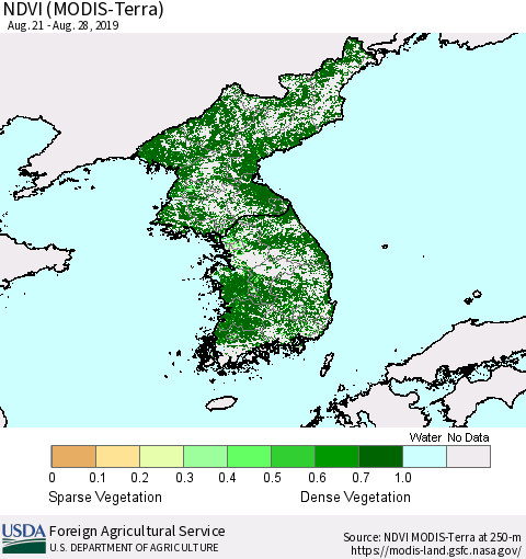 Korea NDVI (Terra-MODIS) Thematic Map For 8/21/2019 - 8/31/2019