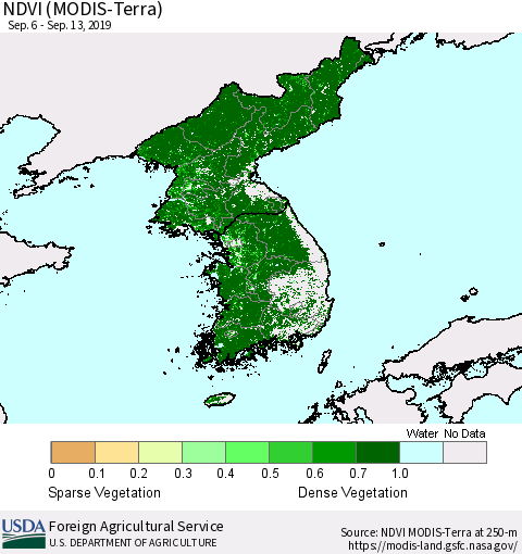 Korea NDVI (Terra-MODIS) Thematic Map For 9/11/2019 - 9/20/2019