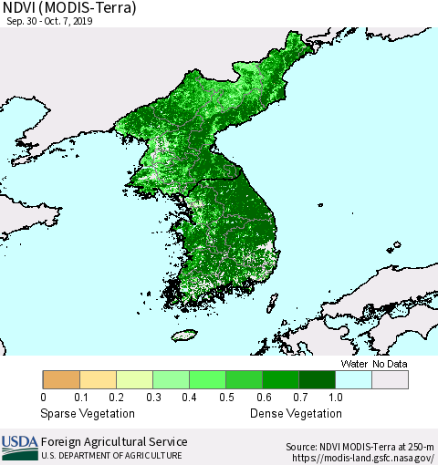 Korea NDVI (Terra-MODIS) Thematic Map For 10/1/2019 - 10/10/2019