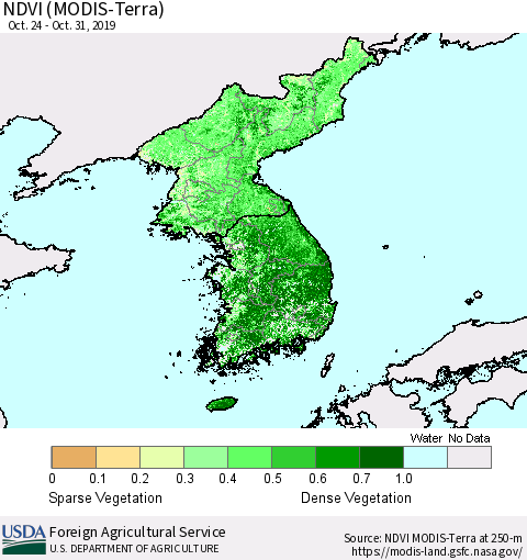 Korea NDVI (Terra-MODIS) Thematic Map For 10/21/2019 - 10/31/2019