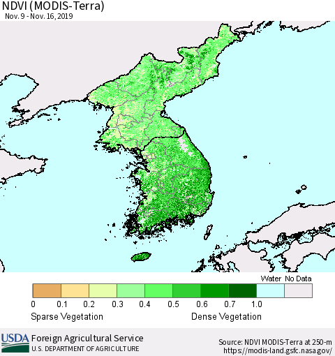 Korea NDVI (Terra-MODIS) Thematic Map For 11/11/2019 - 11/20/2019