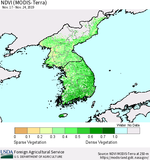 Korea NDVI (Terra-MODIS) Thematic Map For 11/21/2019 - 11/30/2019