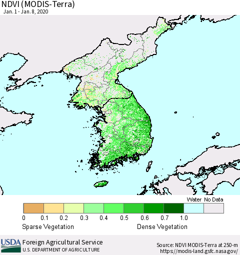 Korea NDVI (Terra-MODIS) Thematic Map For 1/1/2020 - 1/10/2020