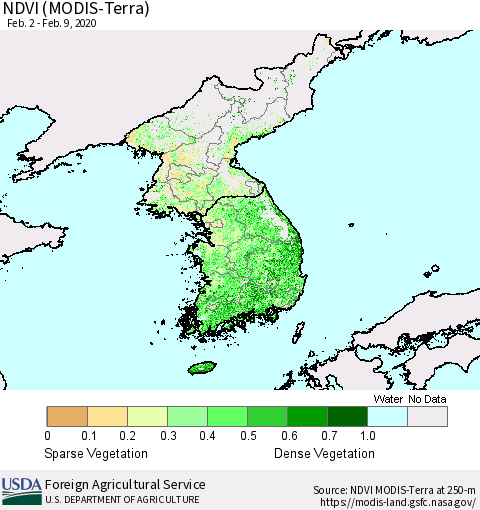 Korea NDVI (Terra-MODIS) Thematic Map For 2/1/2020 - 2/10/2020