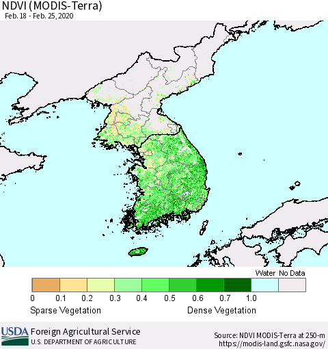 Korea NDVI (Terra-MODIS) Thematic Map For 2/21/2020 - 2/29/2020