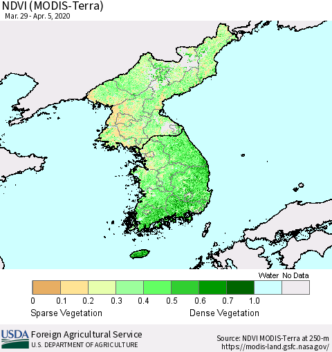 Korea NDVI (Terra-MODIS) Thematic Map For 4/1/2020 - 4/10/2020