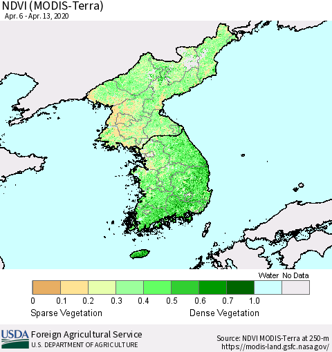 Korea NDVI (Terra-MODIS) Thematic Map For 4/11/2020 - 4/20/2020